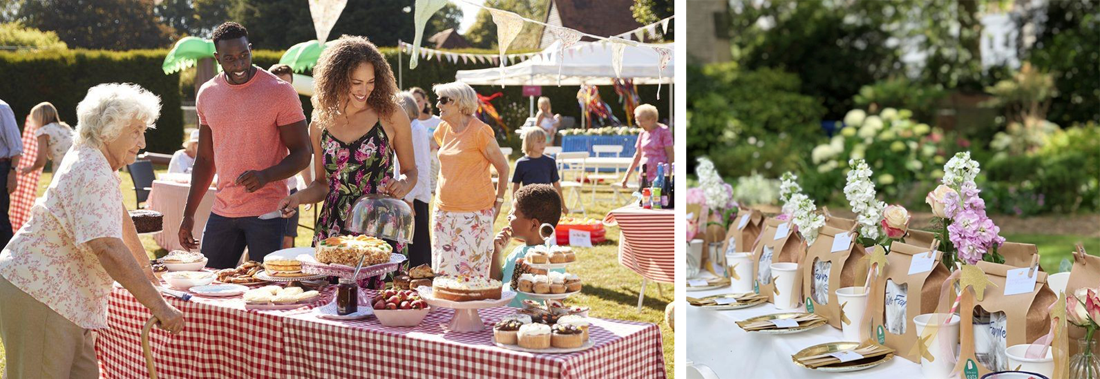 People at an outdoor celebration with food